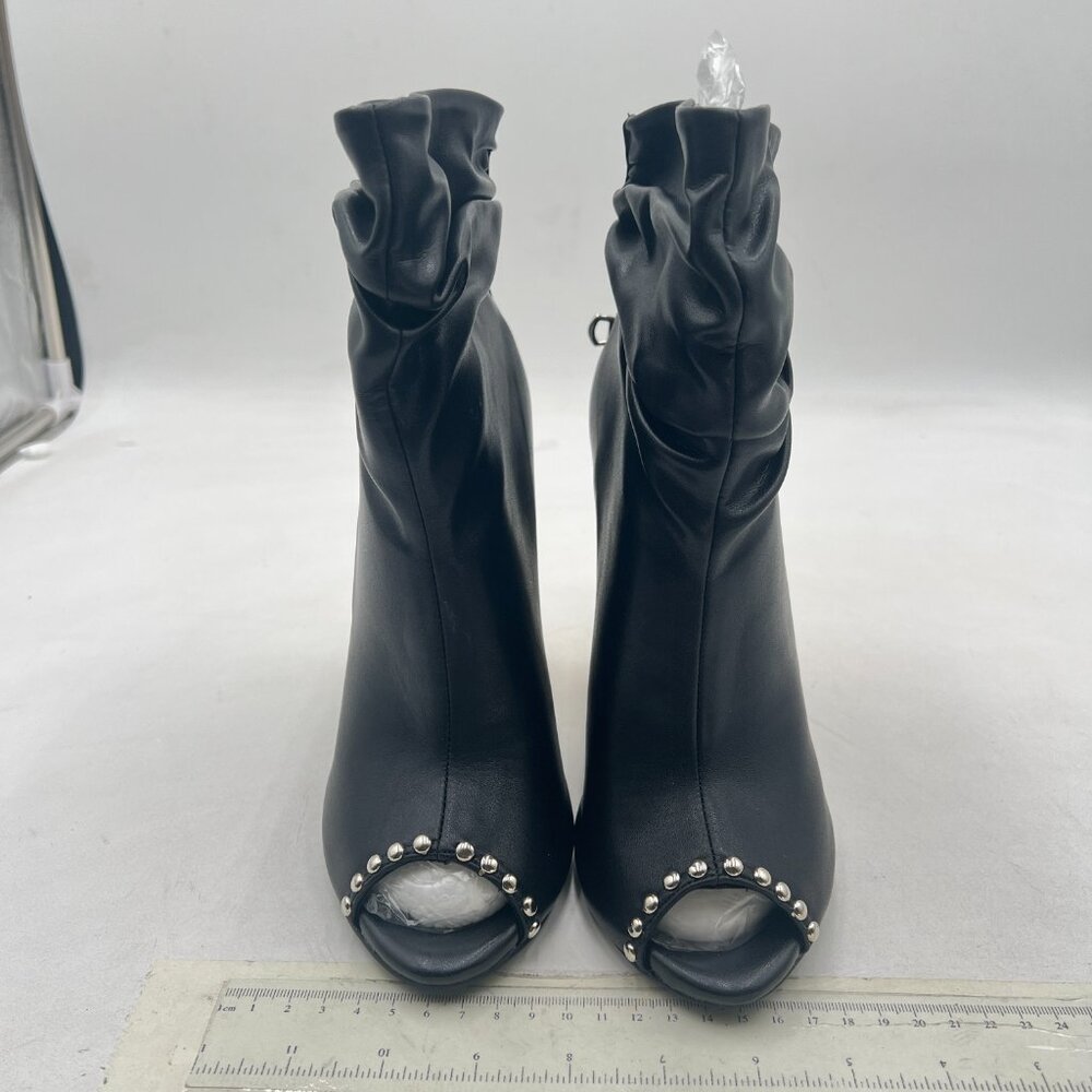 FSJ Black Stylish Peep Toe Slouch Ankle Boots Chunky Stacked Heels Crystal Shoes - Picture 3 of 8